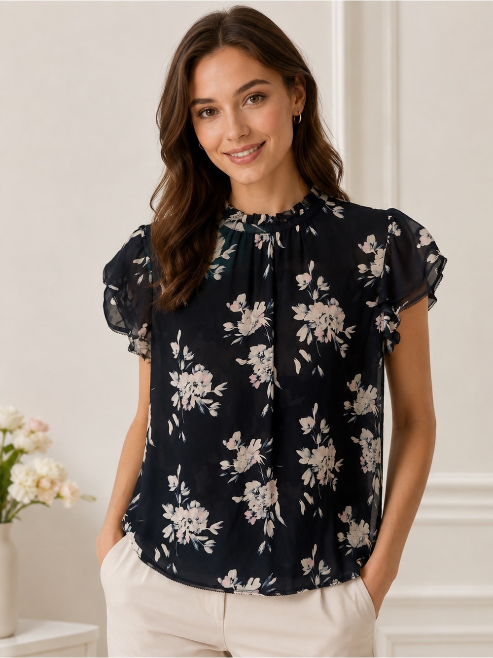 GO BY GO SILK Black Floral Ruffle Neck Short Sleeve Blouse